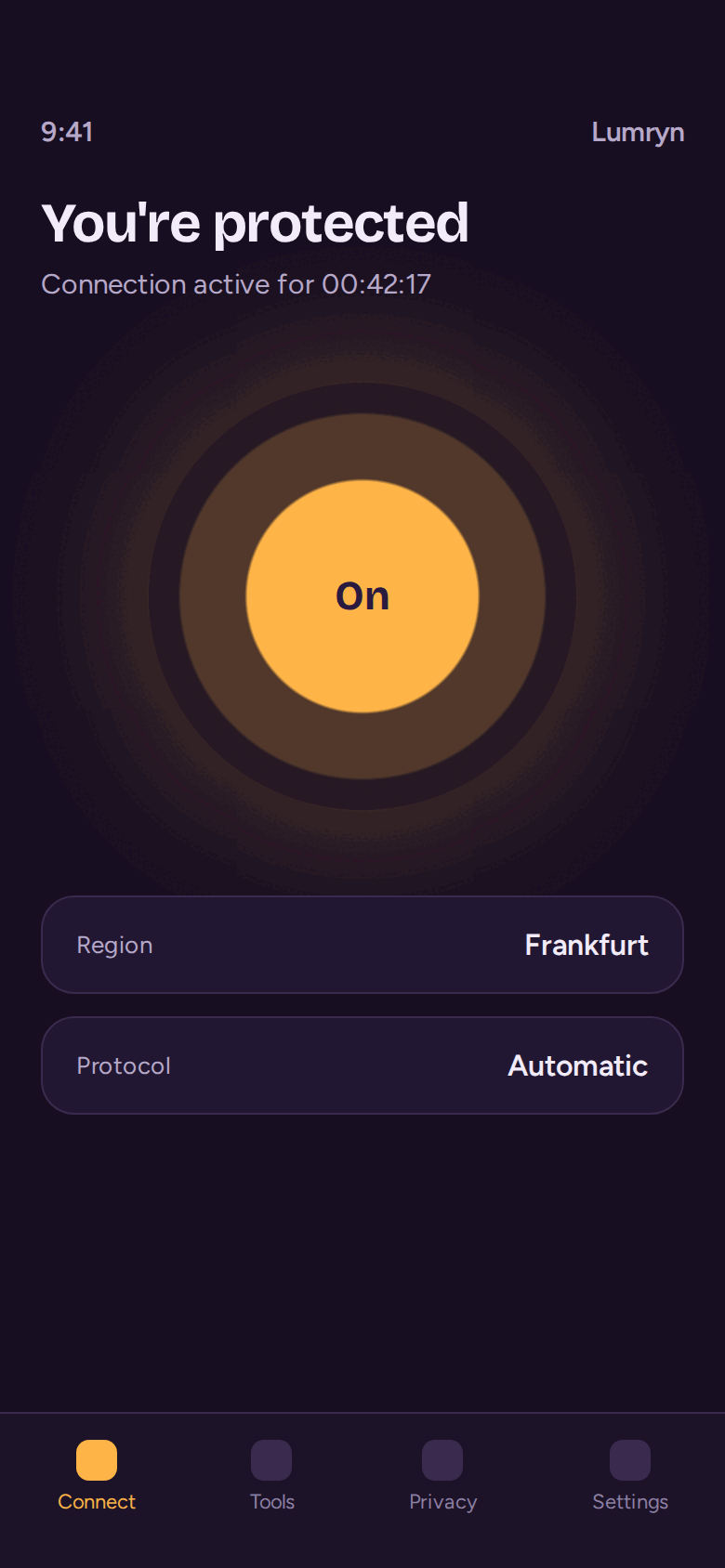 Lumryn home screen showing a protected connection switched on, with the region set to Frankfurt