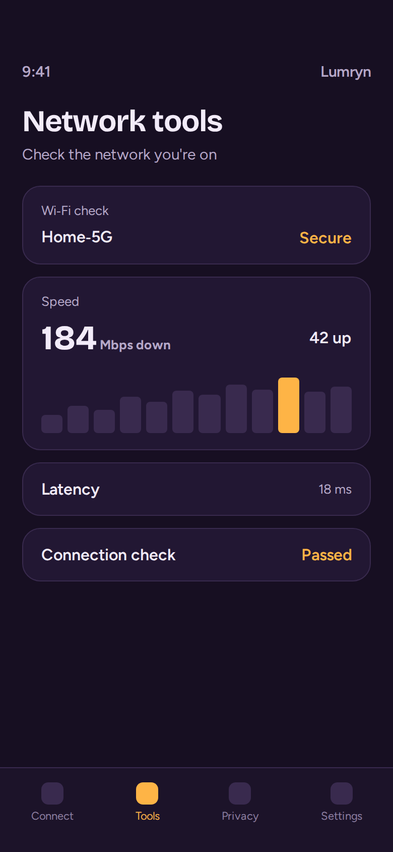 Network tools screen showing a secure Wi‑Fi check, download speed of 184 megabits per second and latency of 18 milliseconds